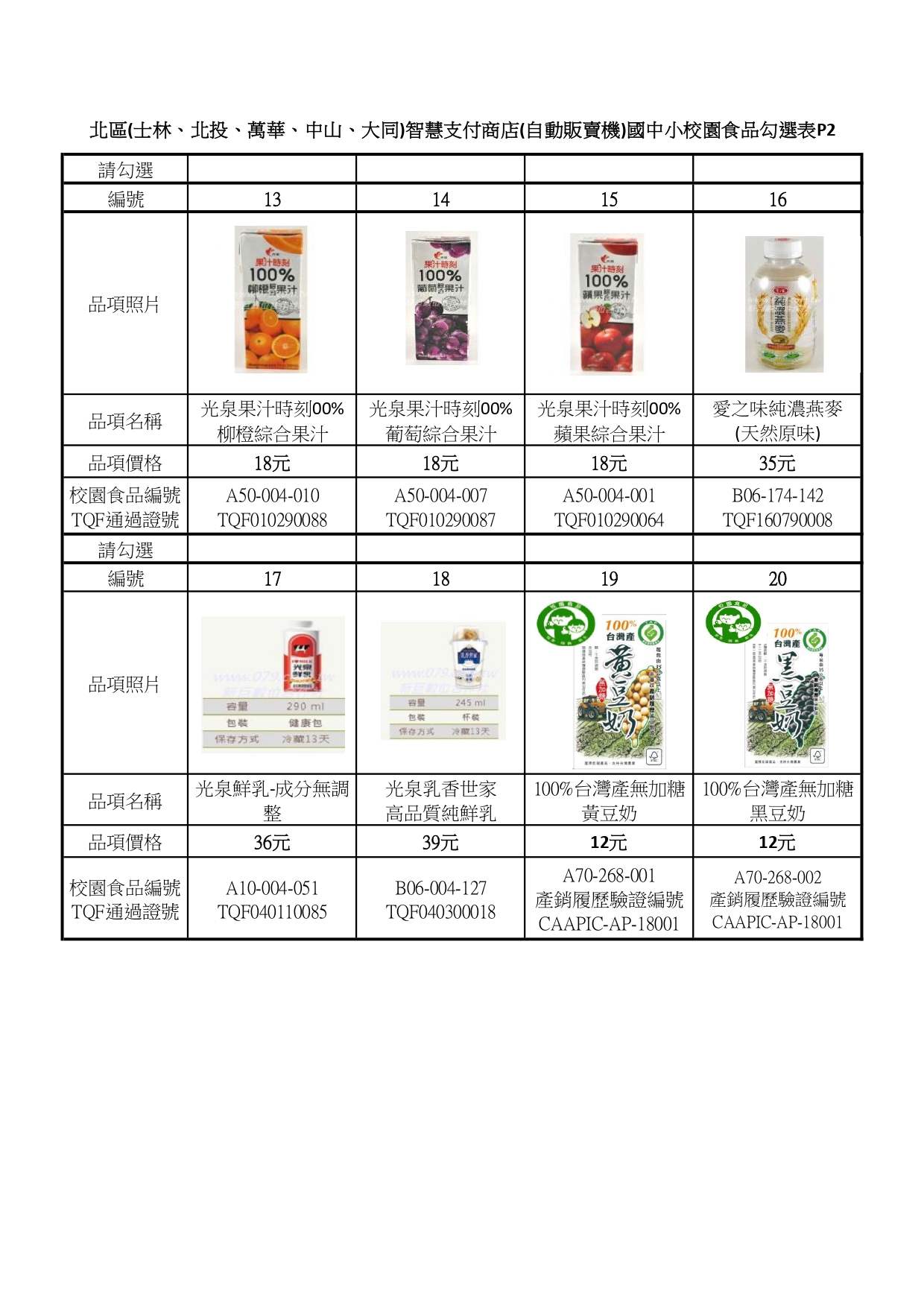 2020校園食品1月勾選表